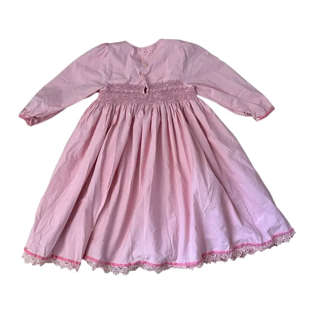 Dollcake pink long sleeve smocked girls faith dress floral rose sz 8 100% cotton